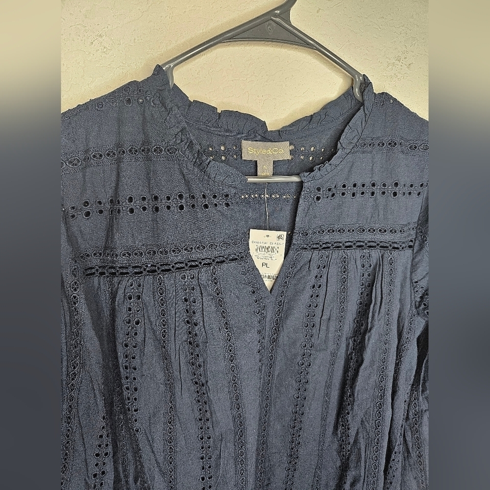 NWT Style & Co Coastal Classic Eyelet Ruffle Trim Long Sleeve Lightweight Blouse - Picture 3 of 9